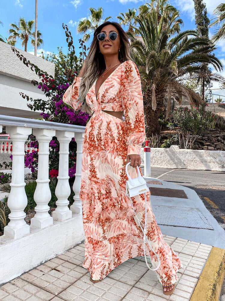 Women's stylish V-neck maxi dress with a beautiful ruffled hem, perfect for elegant summer outings.