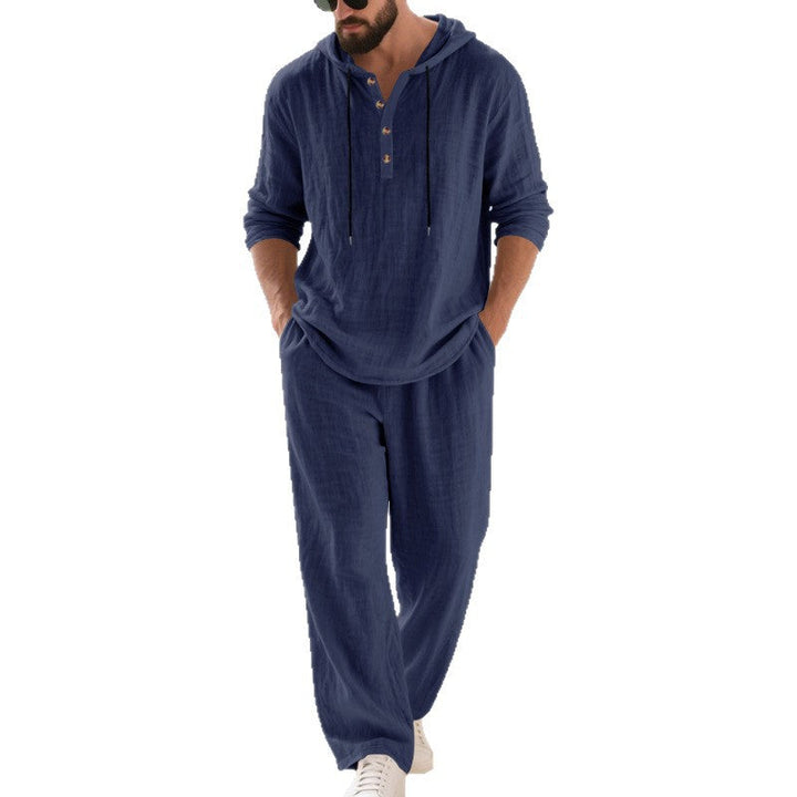 Back view of a men's casual two-piece hoodie set, emphasizing the relaxed silhouette.