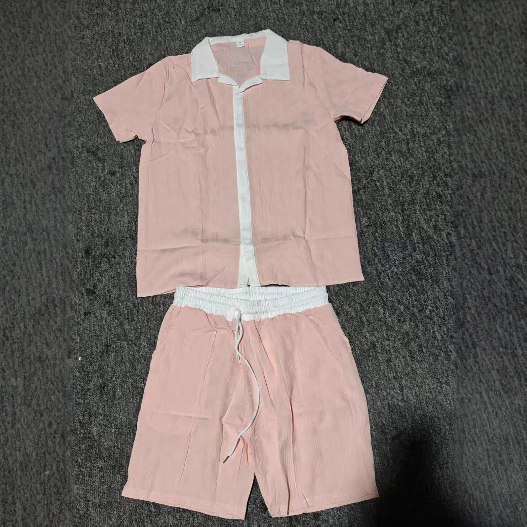 Men's short-sleeve button-up shirt and coordinating casual shorts. Essential summer leisure apparel.