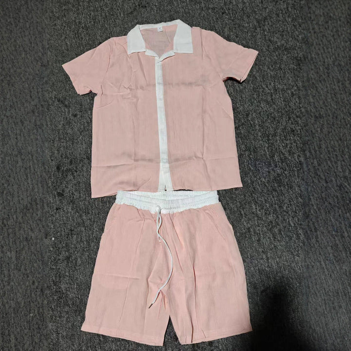 Men's short-sleeve button-up shirt and coordinating casual shorts. Essential summer leisure apparel.