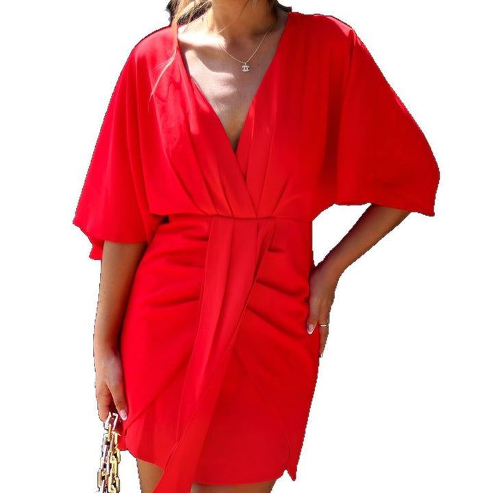Versatile elegant V-neck wrap midi dress for women, featuring trendy voluminous sleeves.