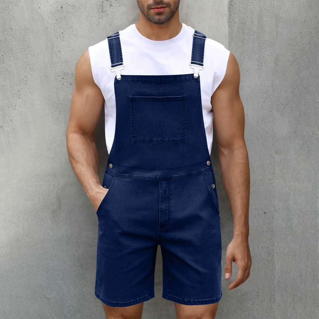 Close-up: Adjustable strap detail on men's casual overalls, highlighting sturdy hardware.