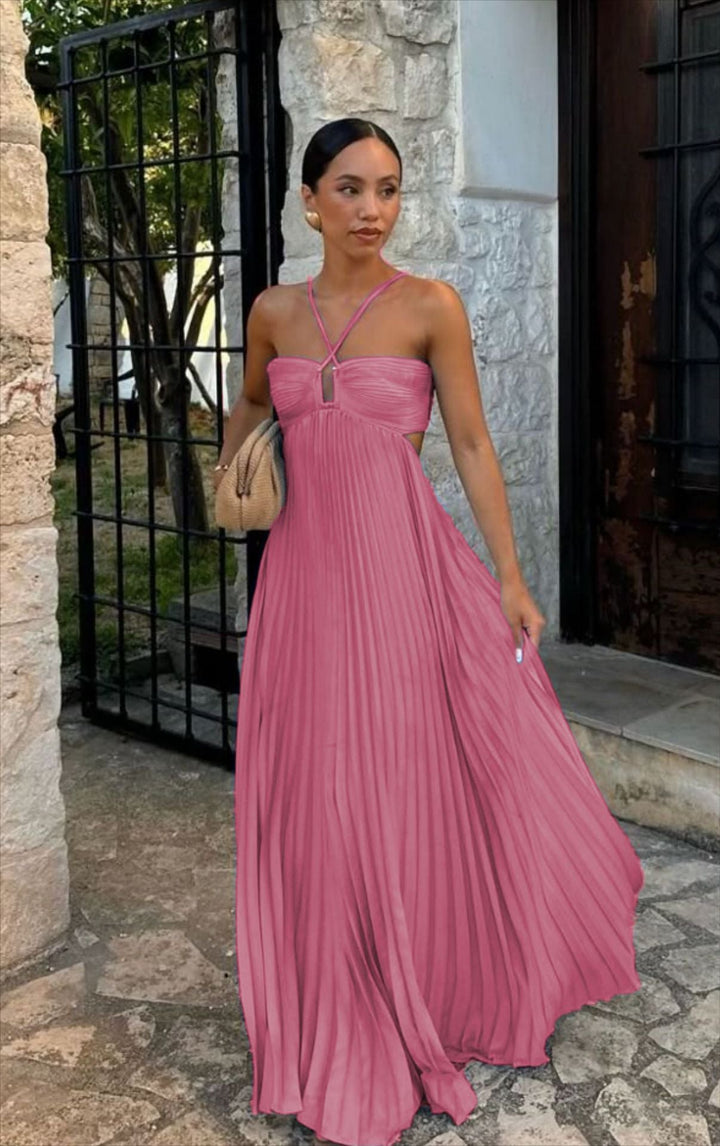 Luxurious ladies' evening wear: a pleated off-shoulder dress with slender adjustable straps for a perfect fit.