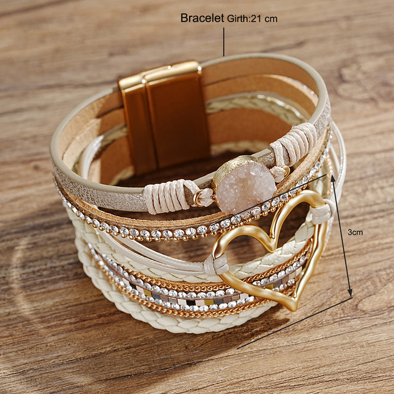 Women's bohemian jewelry: handcrafted bracelet with natural stones and a dazzling rhinestone heart charm.