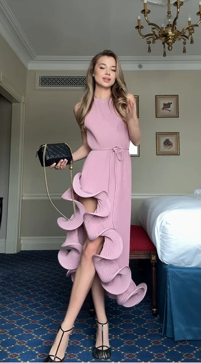 Vibrant asymmetrical ruffle pleated maxi dress for women, elegant long dress perfect for summer occasions.