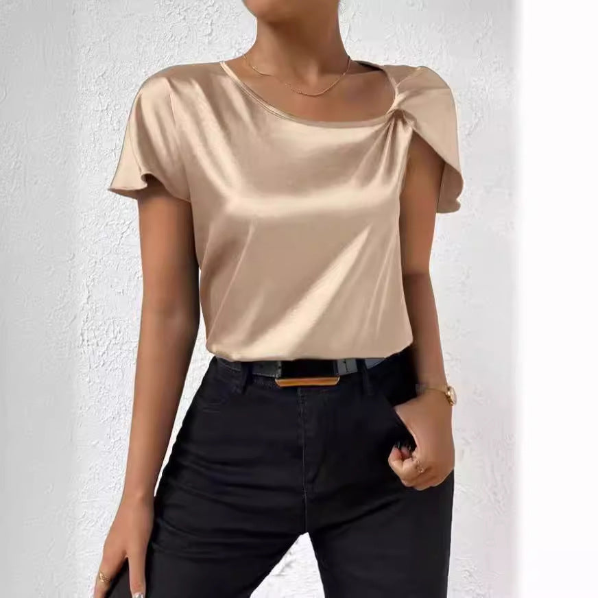 Women's chic solid t-shirt top with stylish bell short sleeves & round neck for casual fashion.