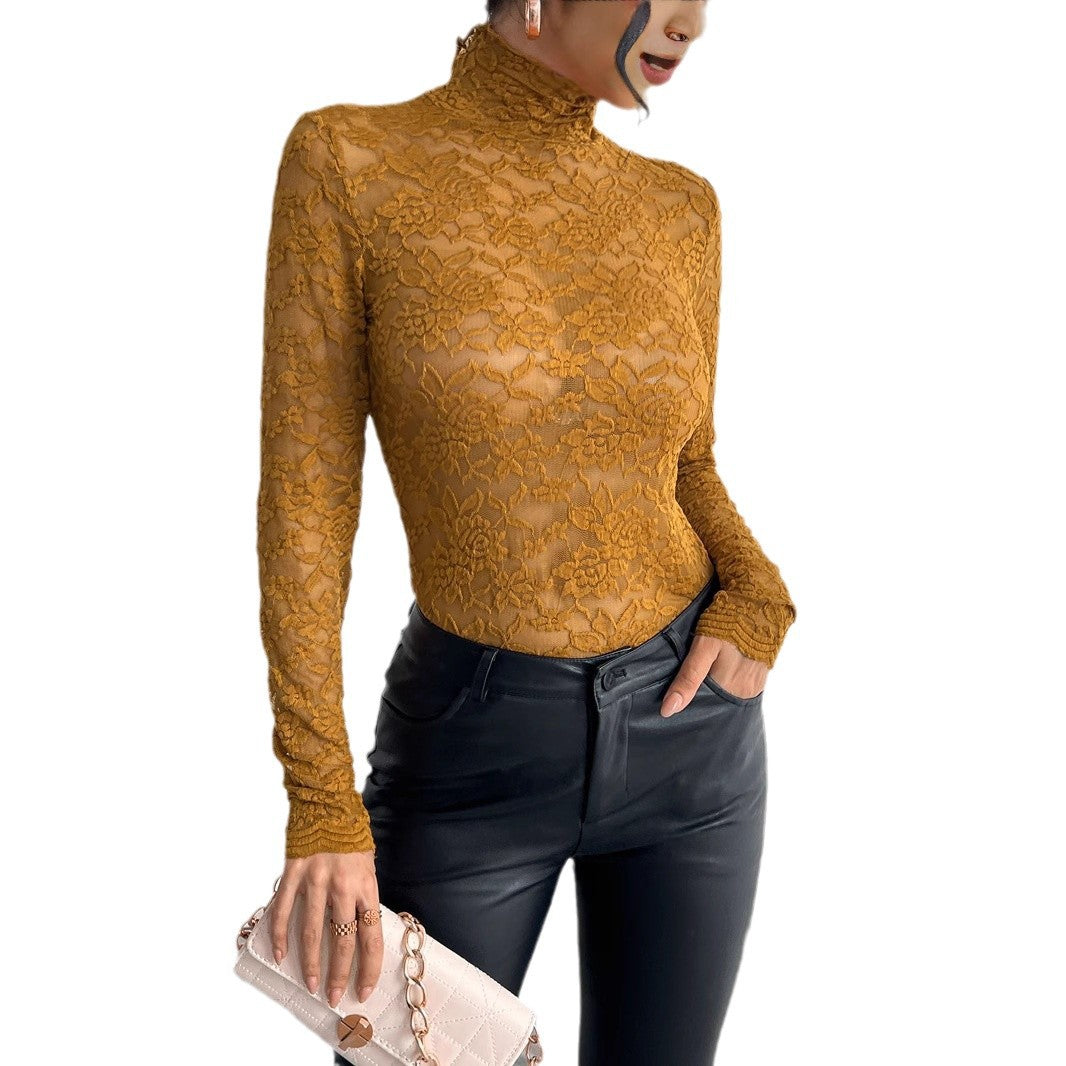 Fashionable women's sheer lace long-sleeve top, elegant high-collar bodysuit for sophisticated evening wear.