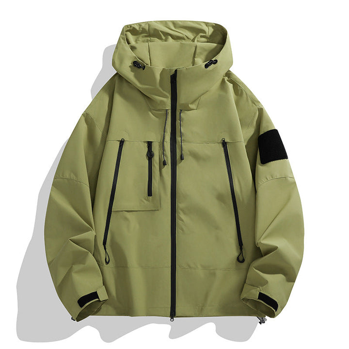 Women's rainproof windbreaker jacket. Technical outdoor gear with adjustable hood & multiple pockets for active use.
