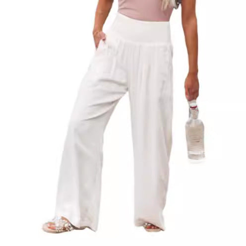 Effortless wide leg pants for women, comfy elastic waist, ideal for a relaxed spring or summer look.