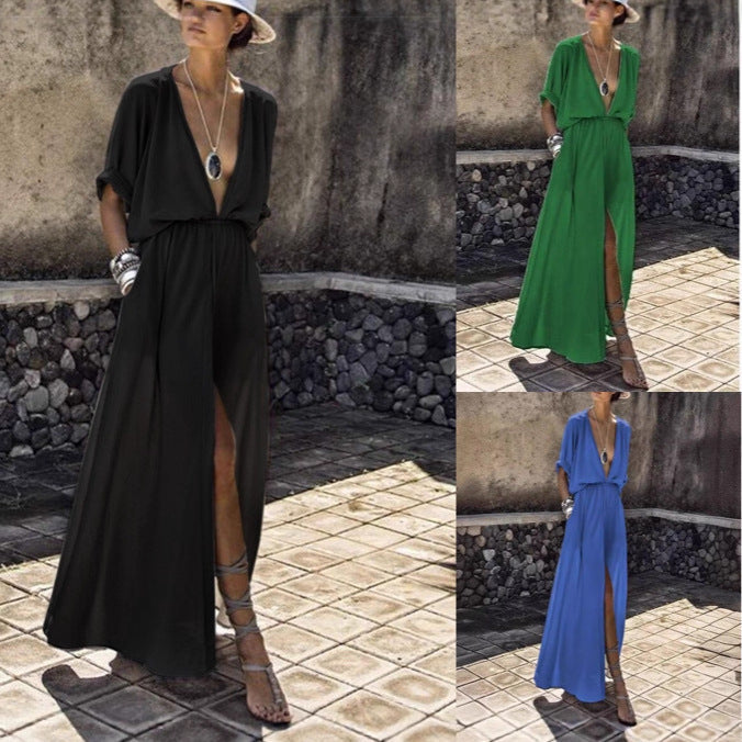 Elegant women's deep V-neck maxi dress with high slit, perfect for parties & summer evenings.