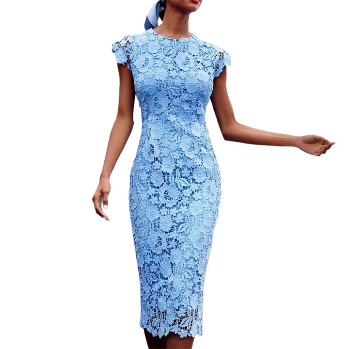 Blue floral lace sheath dress with short sleeves, elegant and comfortable for women's special occasion wear.