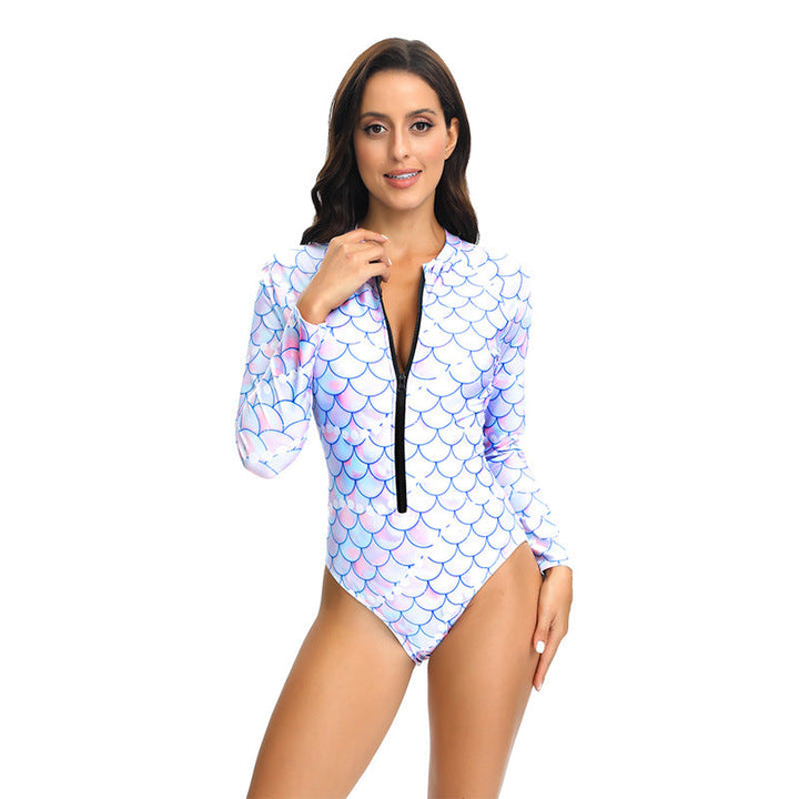 Full-body women's long sleeve UV protection swimsuit, ensuring sun safety & style for all water activities.