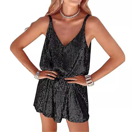 Shimmering women's jumpsuit with deep V-neck and elastic waist, perfect for elegant party wear.