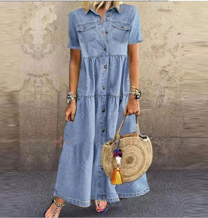 Women's casual short sleeve maxi shirt dress. Relaxed fit, button-down front, & pockets for effortless everyday style.