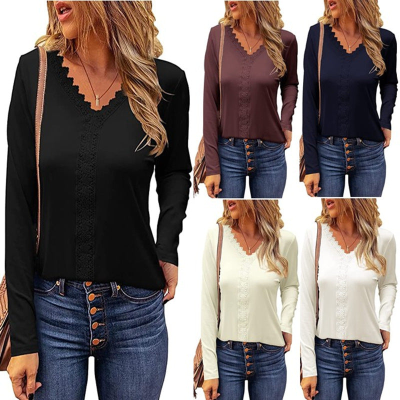 Women's elegant black V-neck long sleeve t-shirt with delicate lace trim.