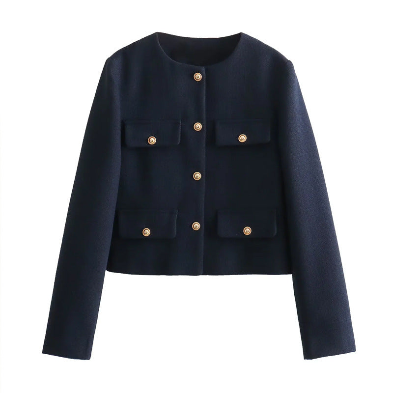 Women's chic cropped blazer featuring gold buttons & pockets, perfect for tailored smart casual looks.