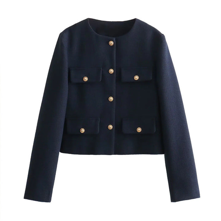 Women's chic cropped blazer featuring gold buttons & pockets, perfect for tailored smart casual looks.