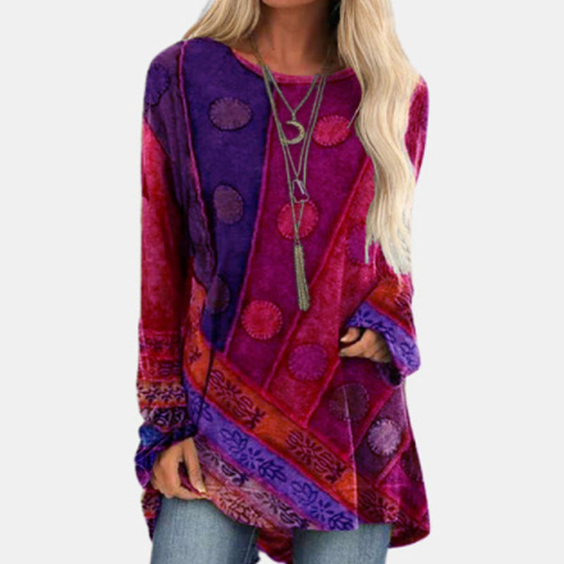 Women's colorful vintage tunic. Long sleeve, patterned design, loose fit. Perfect casual chic fashion apparel.