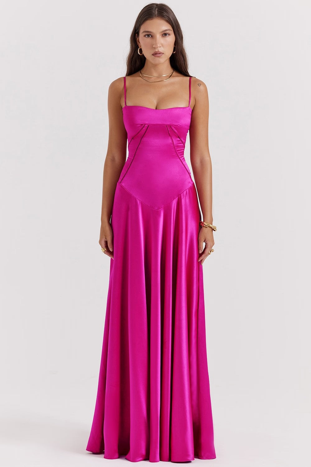 Women's elegant spaghetti strap maxi dress. Silky, slim-fit design for a chic, comfortable, and flowy silhouette.