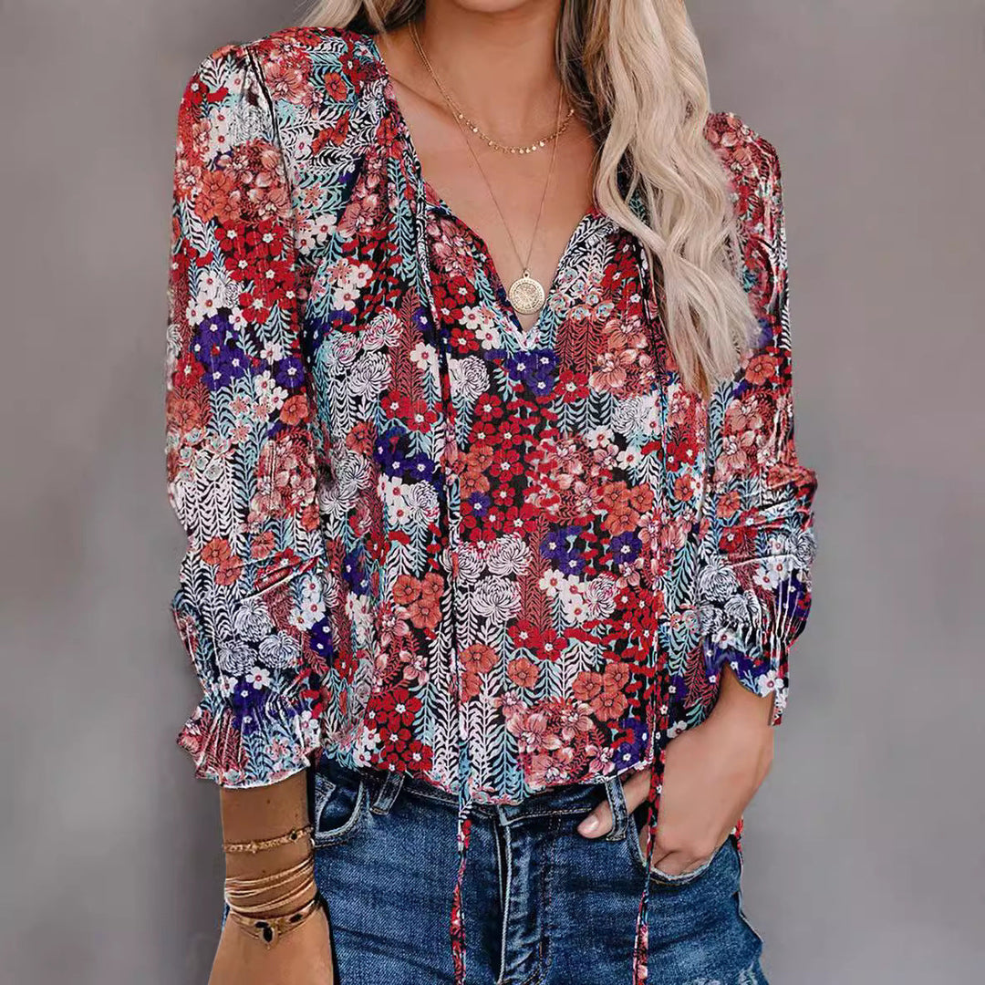 Fashionable women's ruffle V-neck shirt, a chic and comfy addition to any wardrobe.