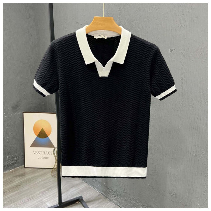 Casual men's short sleeve polo with zigzag knit design, ideal for a relaxed spring outfit or summer activities.