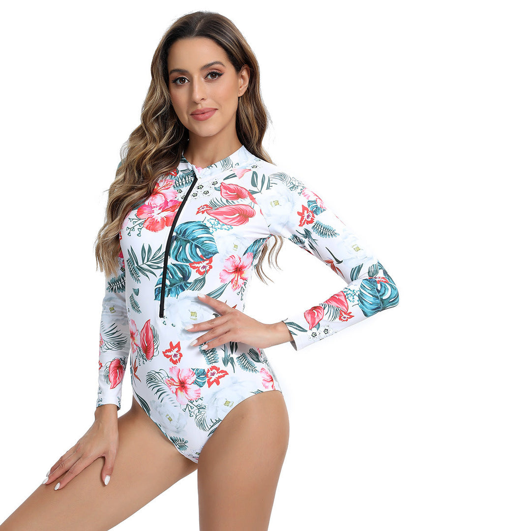 Protective long sleeve zip-up bathing suit for women, great for sun safe swimming.