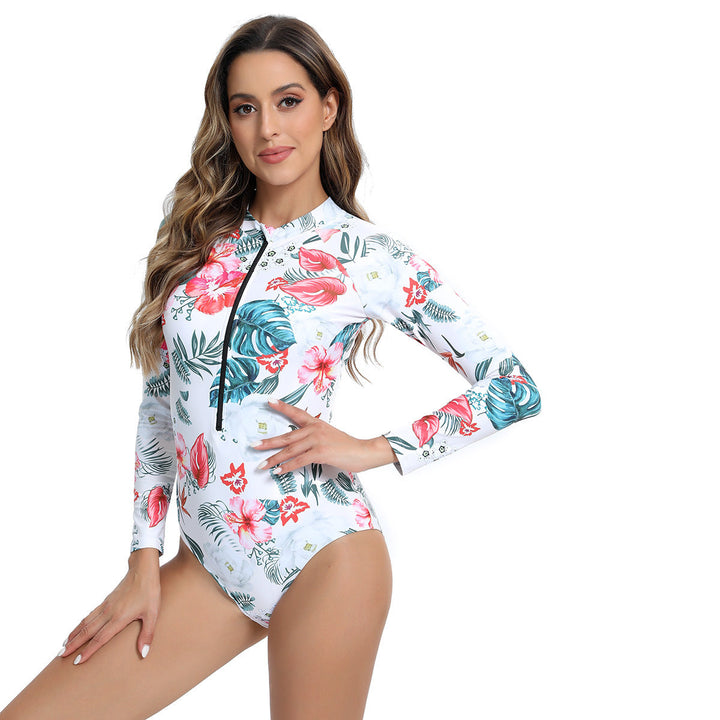 Protective long sleeve zip-up bathing suit for women, great for sun safe swimming.