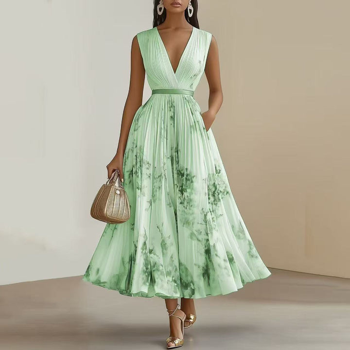 Women's flattering long V-neck dress, sleeveless design perfect for elegant parties & summer outings.