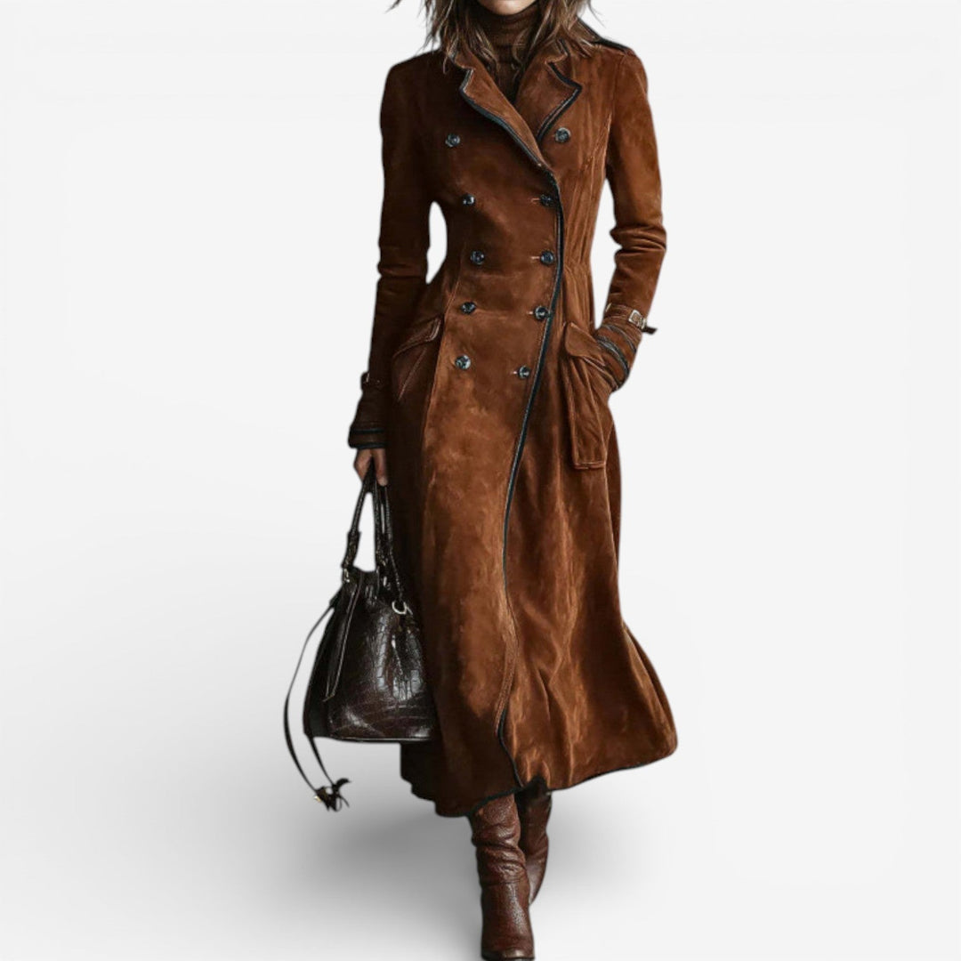 Elegant women's dark brown double-breasted long trench coat, perfect classic outerwear for fall & winter.