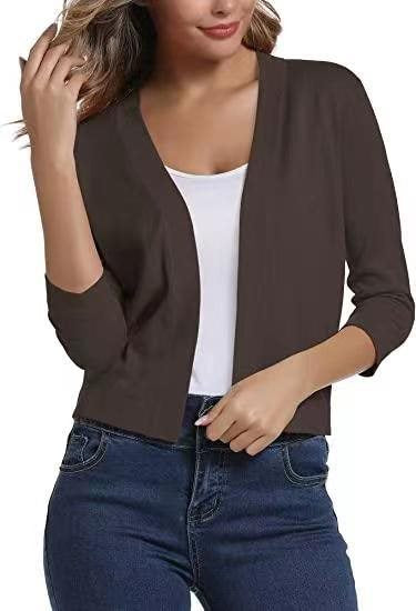 Elegant women's open-front cardigan, 3/4 sleeve design, ideal for versatile fashion.