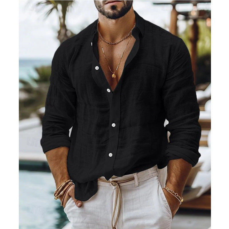 Casual black men's short sleeve button-down shirt, relaxed fit, comfortable for summer, warm weather & vacation style.