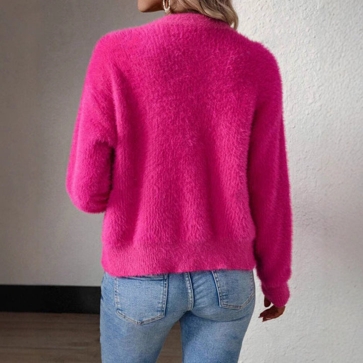Stylish women's fluffy V-neck cardigan, featuring a button-front closure for a chic appeal.