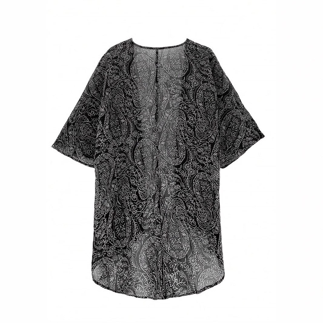 Elegant women's patterned kimono jacket, versatile fashion cover-up for summer style & resort wear.