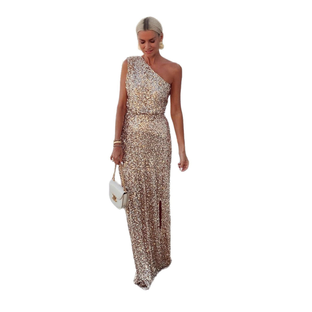 Dazzling women's sequin evening gown, full-length & glamorous, with a sexy side slit for a stunning look.