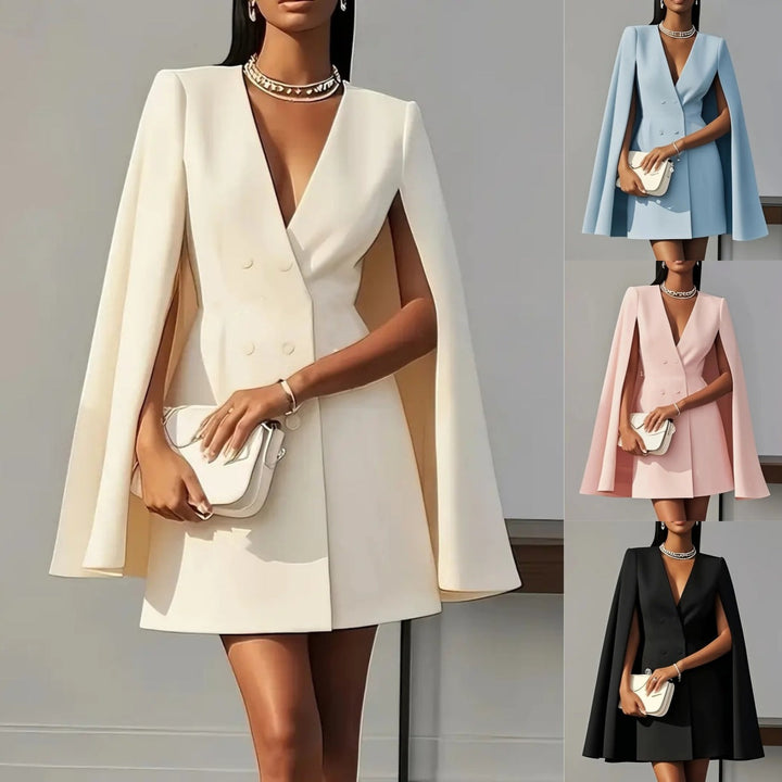 Women's elegant black cape blazer mini dress. Sophisticated style for formal events & parties.
