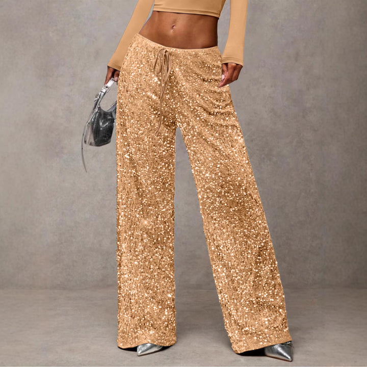 High-waist sequin palazzo pants, flattering wide-leg fit for elegant evening fashion.