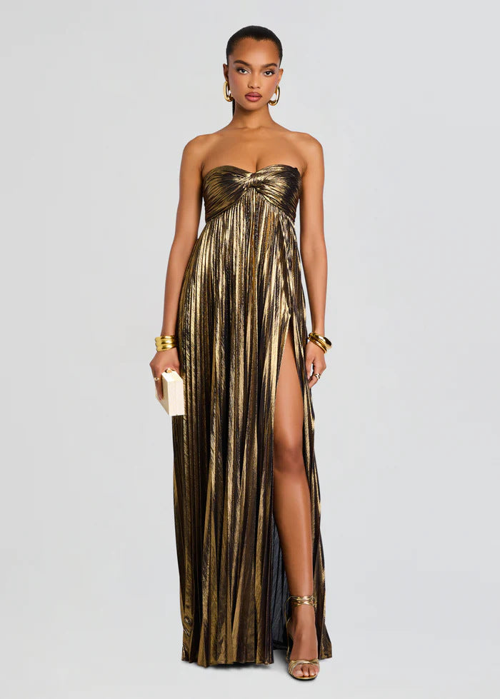 Sophisticated women's off-shoulder evening gown, long and elegant with a tasteful slit for formal wear.