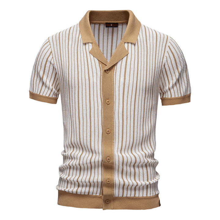 Versatile men's short sleeve polo featuring vertical stripes, knit fabric, and a classic button-up collar for summer.