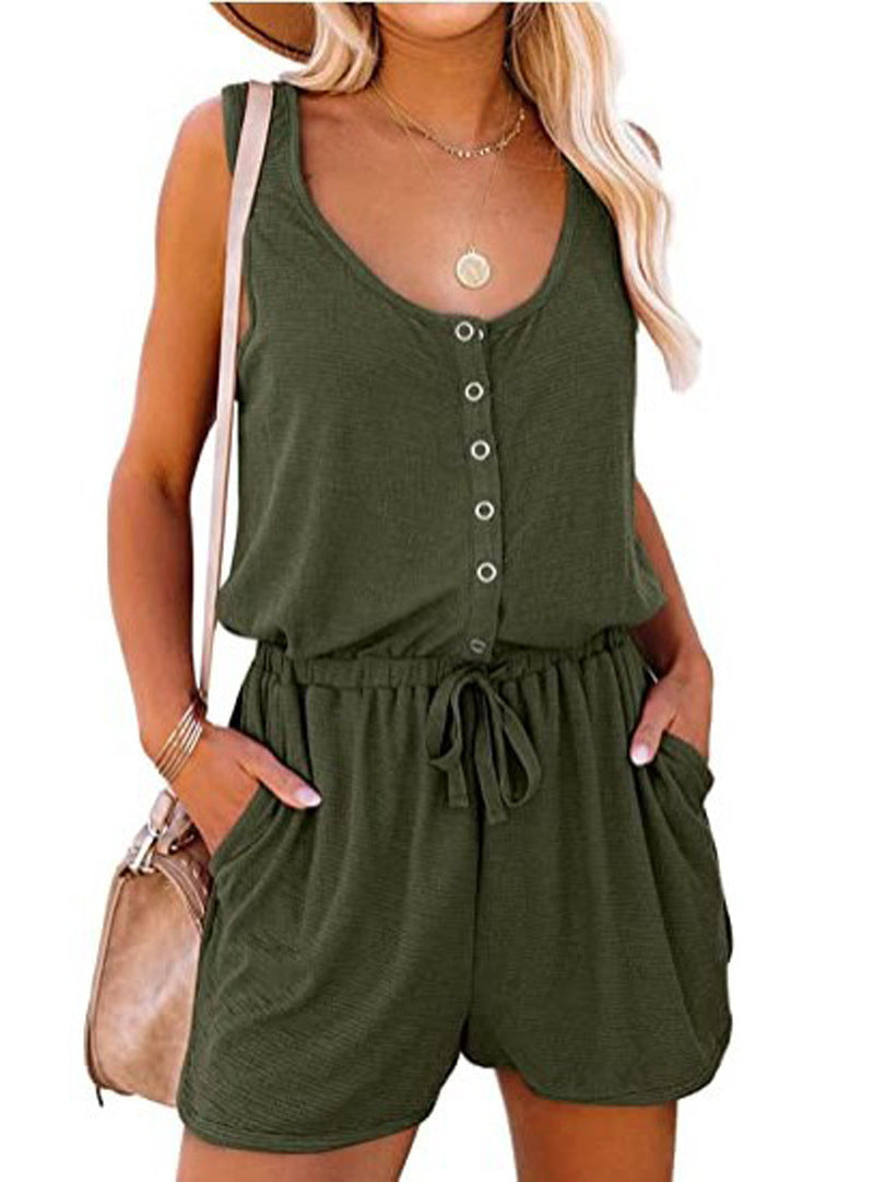 Detailed view of the buttoned neckline and practical pockets on a versatile women's sleeveless summer jumpsuit.