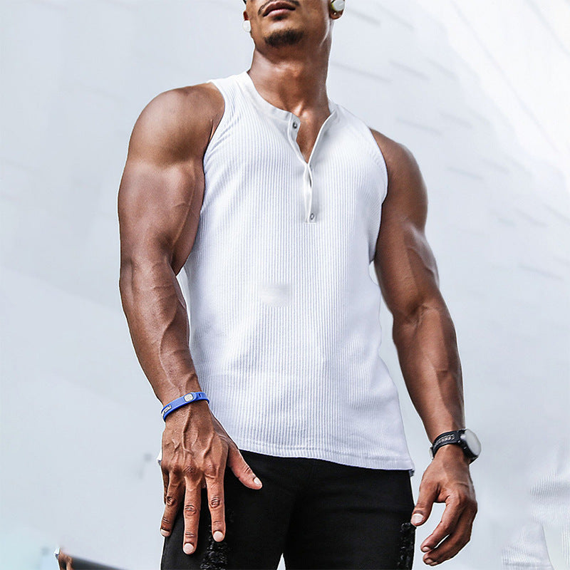Men's sleeveless sports tank top with a stylish button placket, ideal for gym workouts and activewear.