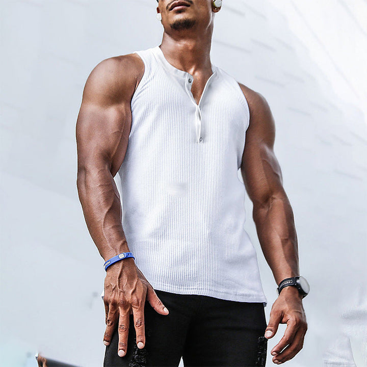 Men's sleeveless sports tank top with a stylish button placket, ideal for gym workouts and activewear.