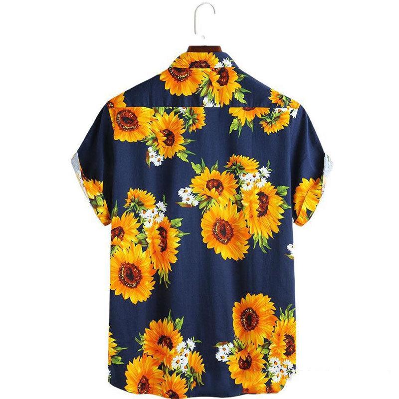 Stylish men's sunflower print short sleeve shirt. Ideal casual beachwear or vibrant holiday fashion.