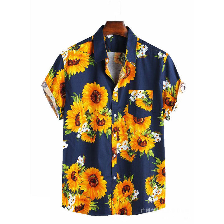 Men's casual short sleeve shirt, lively sunflower print for summer style, vibrant holiday beachwear.
