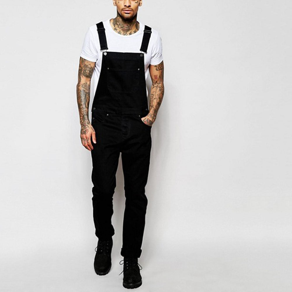 Men's modern fit black casual overalls with adjustable straps & relaxed style, ideal for versatile everyday fashion.
