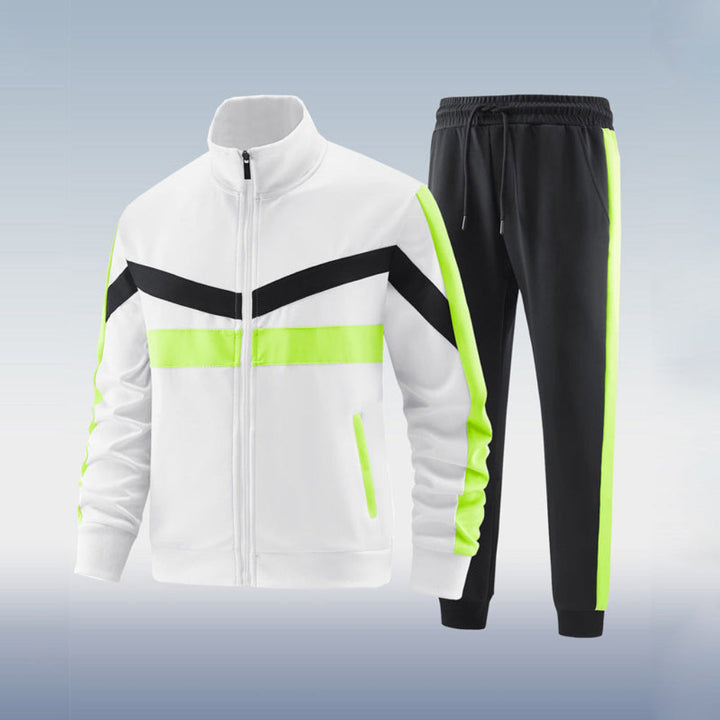 Men's performance two-piece tracksuit set. Stylish full zip jacket & pants, ideal for activewear, casual or travel outfits.