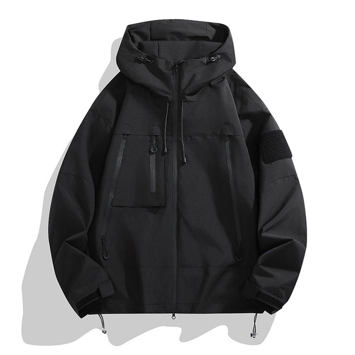Durable women's technical jacket. Windbreaker with adjustable hood & multi-pockets for camping & hiking.