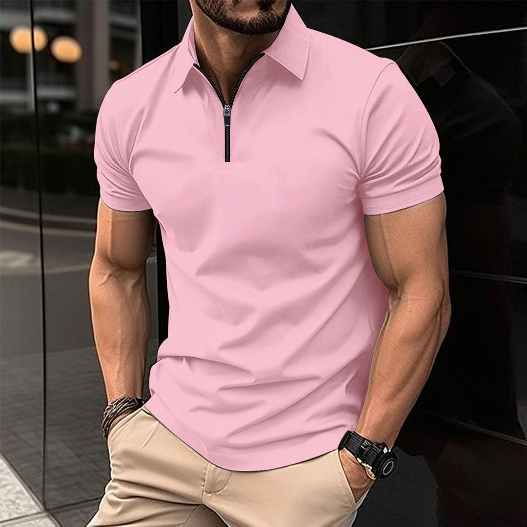 Breathable men's short sleeve zip polo, quick-dry, moisture-wicking, ultimate comfort activewear.