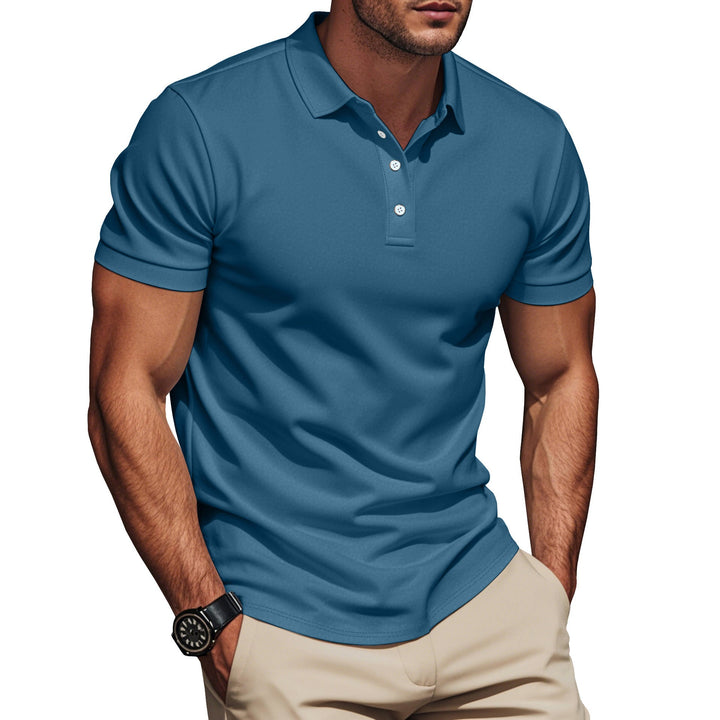 Smart casual men's textured polo shirt. Short sleeve button-up design, offering a modern and comfortable fit.