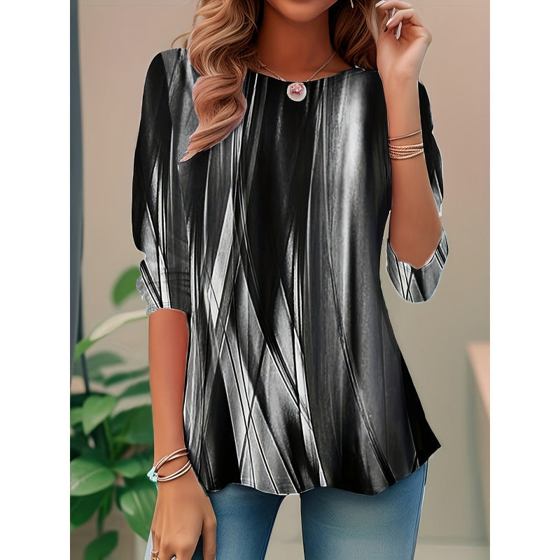 Unique abstract pattern women's blouse, a comfortable relaxed fit long sleeve top for modern fashion.