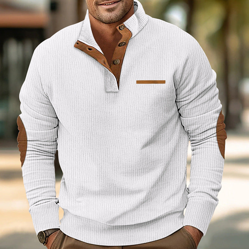 Versatile men's pullover sweater, half-zip design, dark grey knit with leather elbow patches.